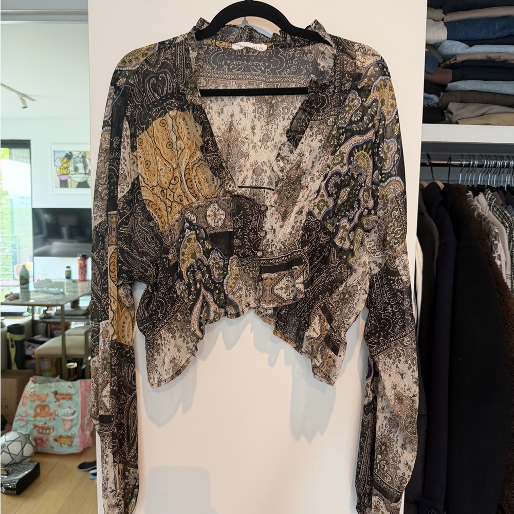 12th Tribe Black and Cream Paisley Print Blouse